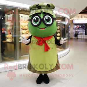 Olive Sushi mascot costume character dressed with a Skirt and Eyeglasses