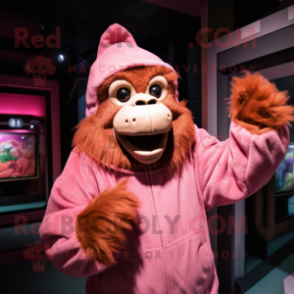 Pink Orangutan mascot costume character dressed with a Hoodie and Berets