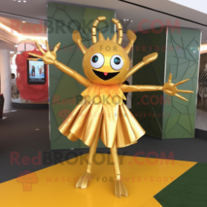 Gold Spider mascot costume character dressed with a A-Line Dress and Cufflinks