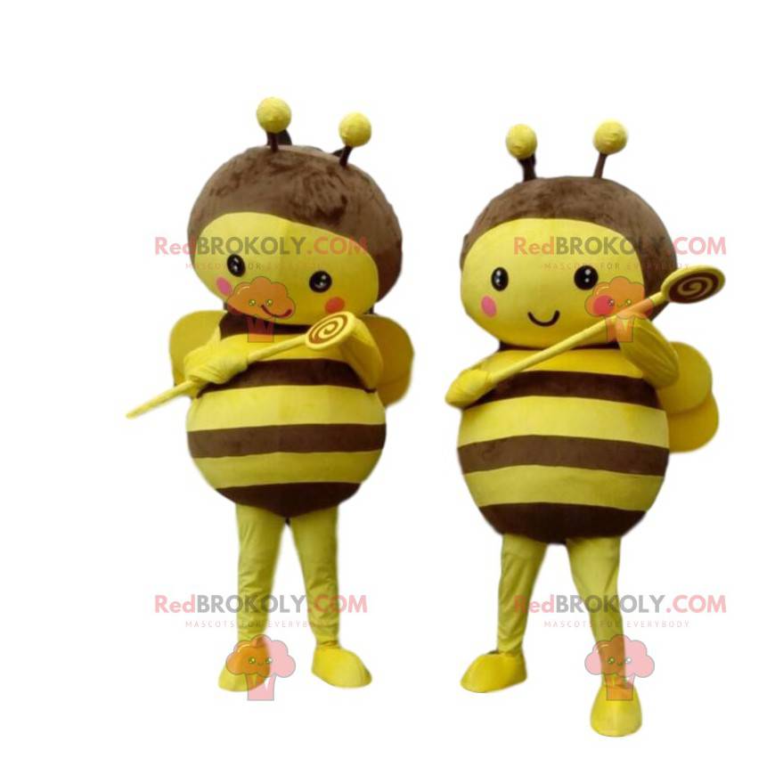 2 mascotes abelha amarelos e marrons, muito tocantes -