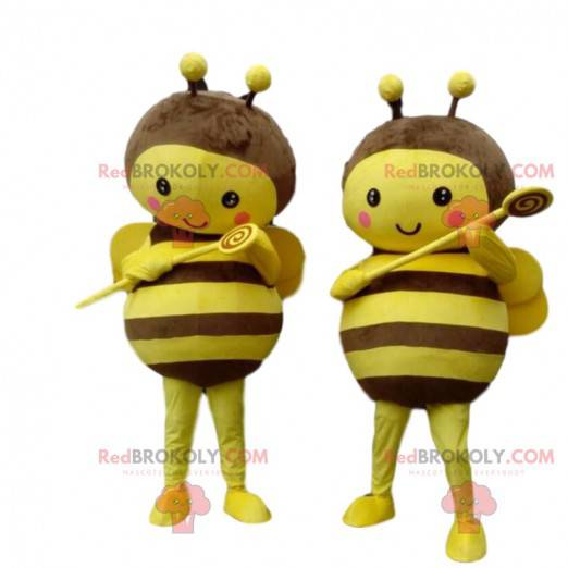 2 mascotes abelha amarelos e marrons, muito tocantes -