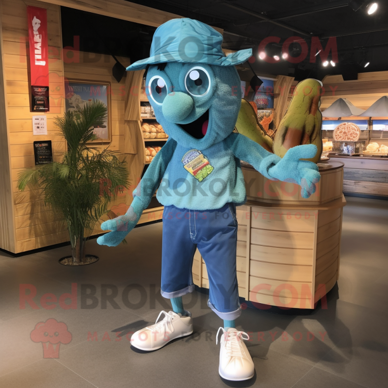 Turquoise Jambalaya mascot costume character dressed with a Denim Shorts and Keychains