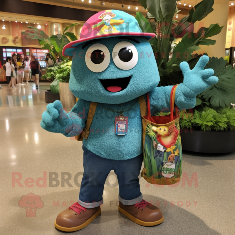 Turquoise Jambalaya mascot costume character dressed with a Denim Shorts and Keychains