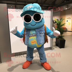 Turquoise Jambalaya mascot costume character dressed with a Denim Shorts and Keychains