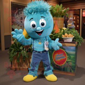 Turquoise Jambalaya mascot costume character dressed with a Denim Shorts and Keychains