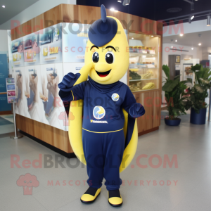 Navy Banana mascot costume character dressed with a Sweatshirt and Keychains