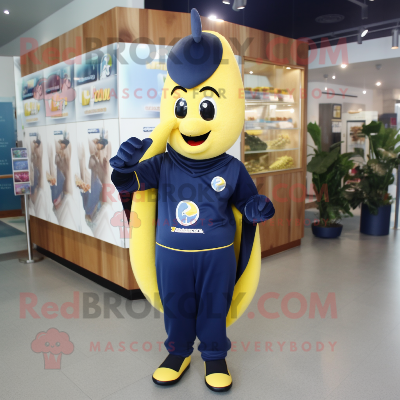 Navy Banana mascot costume character dressed with a Sweatshirt and Keychains Navy Banana mascot costume character dressed with a Sweatshirt and Keychains