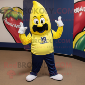 Navy Banana mascot costume character dressed with a Sweatshirt and Keychains