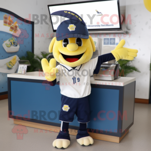 Navy Banana mascot costume character dressed with a Sweatshirt and Keychains