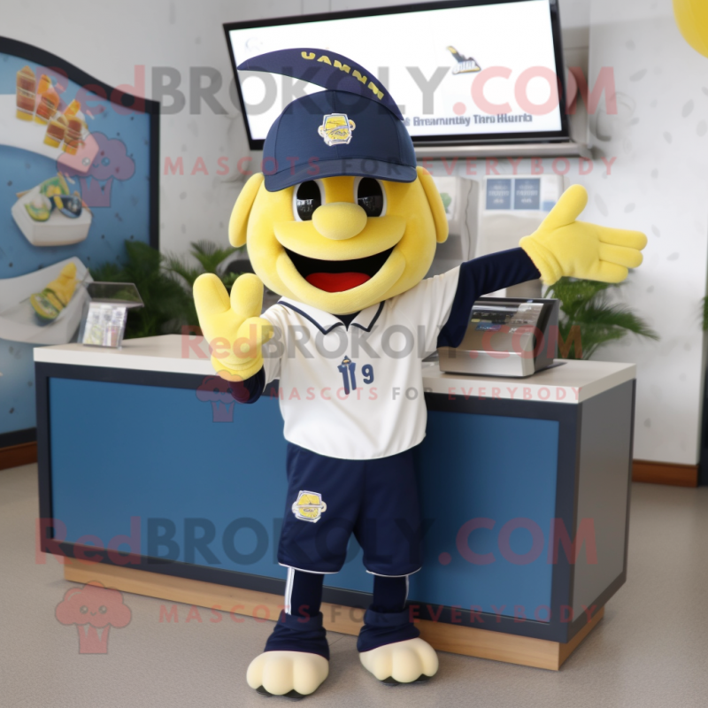 Navy Banana mascot costume character dressed with a Sweatshirt and Keychains Navy Banana mascot costume character dressed with a Sweatshirt and Keychains