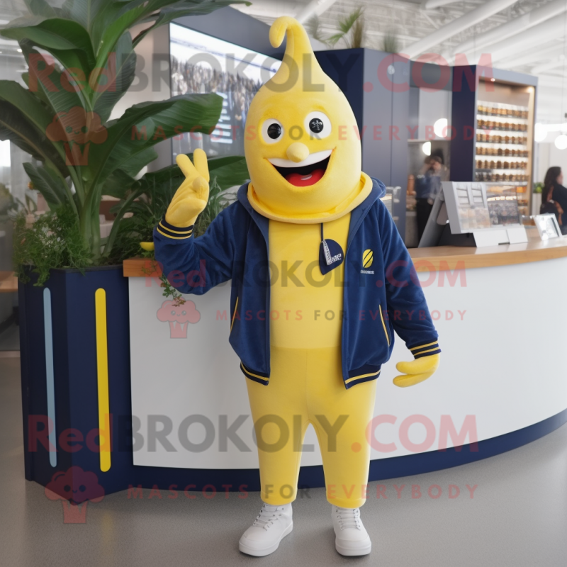 Navy Banana mascot costume character dressed with a Sweatshirt and Keychains