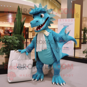 Cyan Spinosaurus mascot costume character dressed with a Coat and Clutch bags