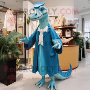 Cyan Spinosaurus mascot costume character dressed with a Coat and Clutch bags