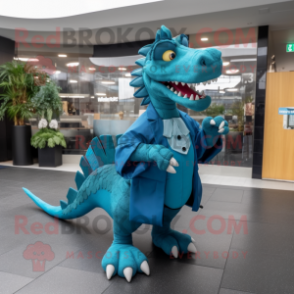 Cyan Spinosaurus mascot costume character dressed with a Coat and Clutch bags