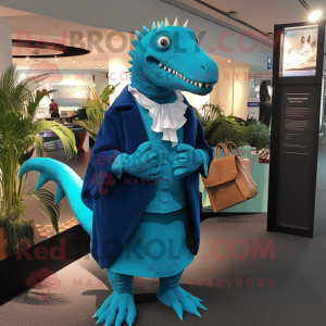 Cyan Spinosaurus mascot costume character dressed with a Coat and Clutch bags