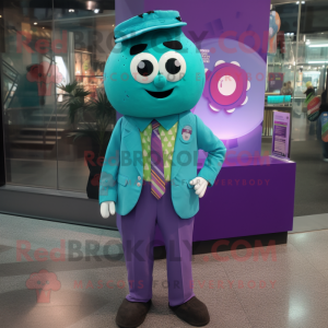 Turquoise Plum mascot costume character dressed with a Button-Up Shirt and Ties