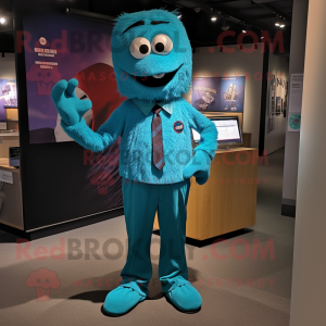 Turquoise Plum mascot costume character dressed with a Button-Up Shirt and Ties