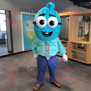 Turquoise Plum mascot costume character dressed with a Button-Up Shirt and Ties