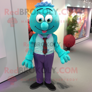 Turquoise Plum mascot costume character dressed with a Button-Up Shirt and Ties