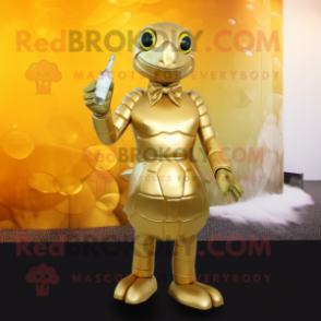 Gold Sea Turtle mascot costume character dressed with a Cocktail Dress and Belts