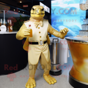 Gold Sea Turtle mascot costume character dressed with a Cocktail Dress and Belts