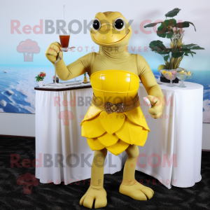 Gold Sea Turtle mascot costume character dressed with a Cocktail Dress and Belts
