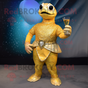 Gold Sea Turtle mascot costume character dressed with a Cocktail Dress and Belts