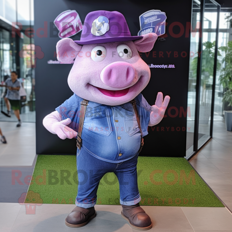 Purple Pig mascot costume character dressed with a Boyfriend Jeans and Hats Purple Pig mascot costume character dressed with a Boyfriend Jeans and Hats