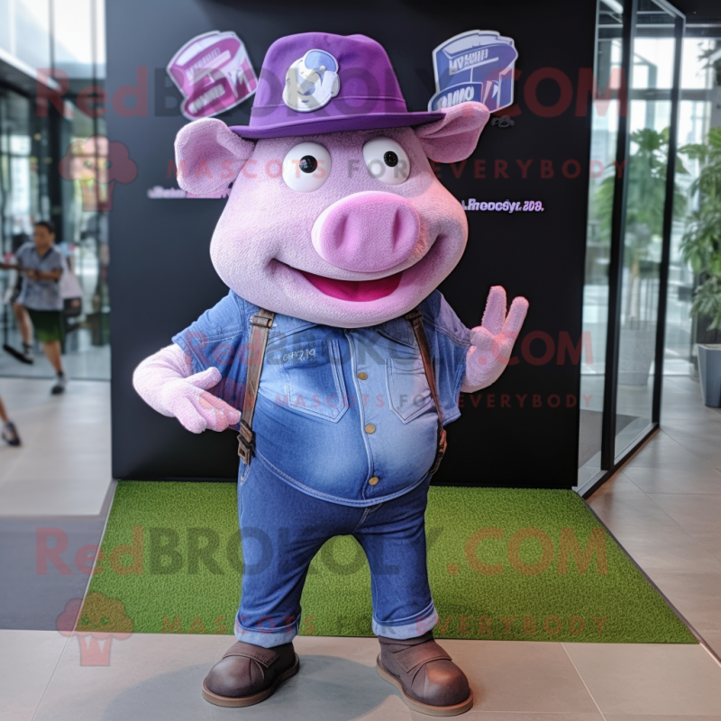 Purple Pig mascot costume character dressed with a Boyfriend Jeans and Hats