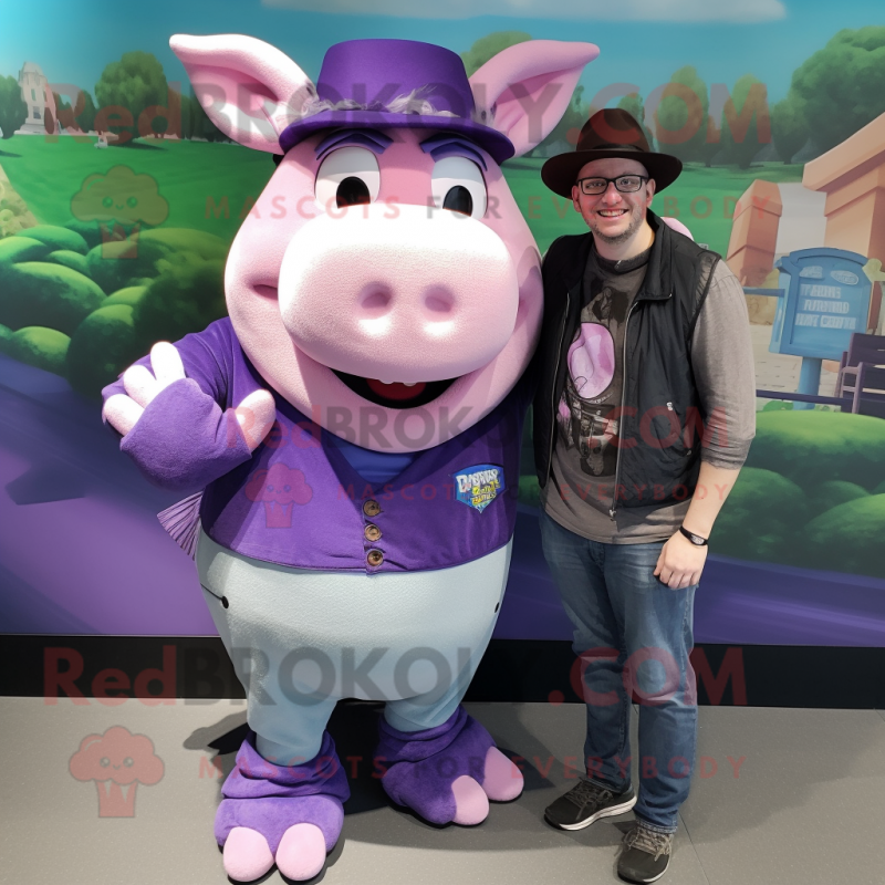 Purple Pig mascot costume character dressed with a Boyfriend Jeans and Hats Purple Pig mascot costume character dressed with a Boyfriend Jeans and Hats