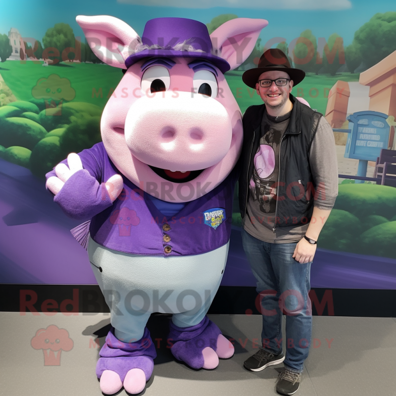 Purple Pig mascot costume character dressed with a Boyfriend Jeans and Hats