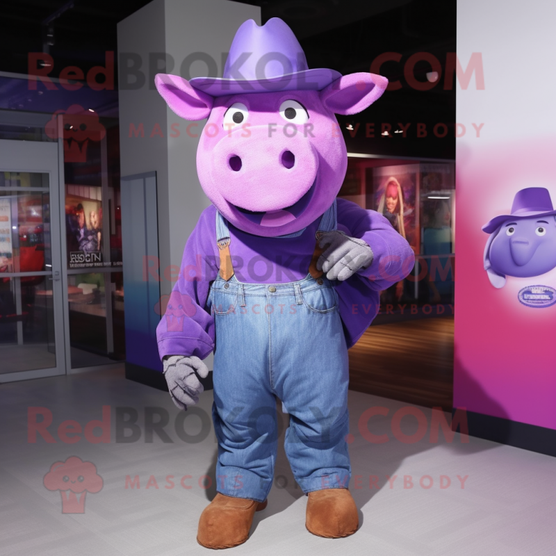 Purple Pig mascot costume character dressed with a Boyfriend Jeans and Hats
