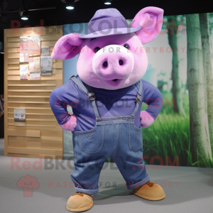 Purple Pig mascot costume character dressed with a Boyfriend Jeans and Hats