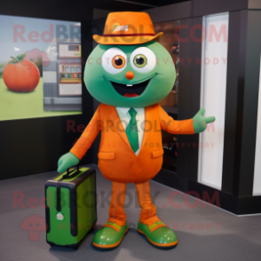 Green Orange mascot costume character dressed with a Graphic Tee and Briefcases