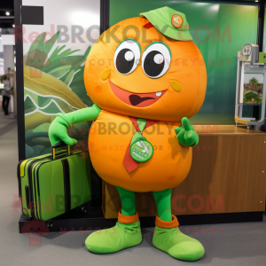 Green Orange mascot costume character dressed with a Graphic Tee and Briefcases