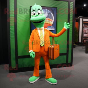 Green Orange mascot costume character dressed with a Graphic Tee and Briefcases