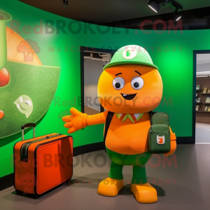 Green Orange mascot costume character dressed with a Graphic Tee and Briefcases