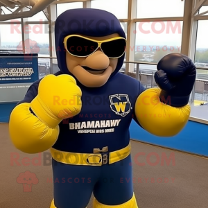 Navy Boxing Glove mascot costume character dressed with a Bomber Jacket and Sunglasses