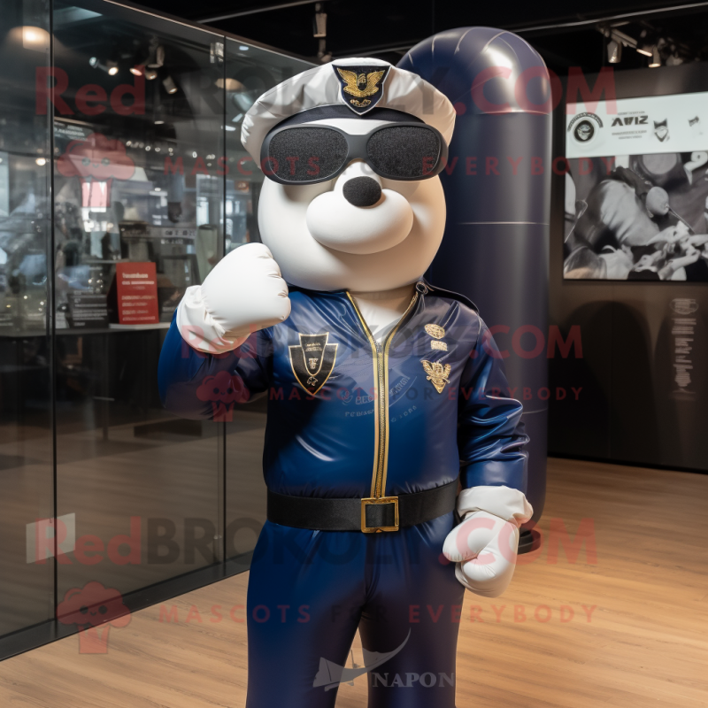 Navy Boxing Glove mascot costume character dressed with a Bomber Jacket and Sunglasses Navy Boxing Glove mascot costume character dressed with a Bomber Jacket and Sunglasses