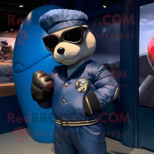 Navy Boxing Glove mascot costume character dressed with a Bomber Jacket and Sunglasses