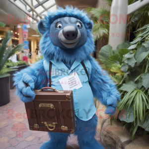 Blue Sloth Bear mascot costume character dressed with a Button-Up Shirt and Briefcases