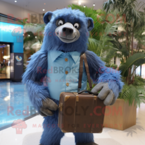 Blue Sloth Bear mascot costume character dressed with a Button-Up Shirt and Briefcases