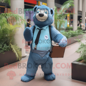 Blue Sloth Bear mascot costume character dressed with a Button-Up Shirt and Briefcases