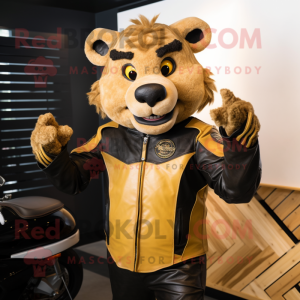 Gold Wild Boar mascot costume character dressed with a Moto Jacket and Gloves