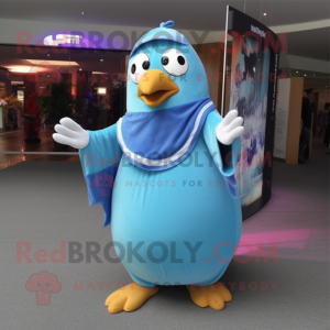 Sky Blue Penguin mascot costume character dressed with a Maxi Skirt and Shoe laces
