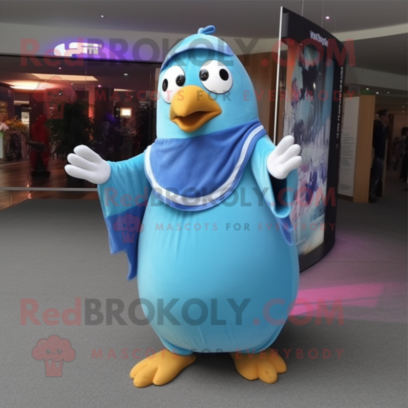 Sky Blue Penguin mascot costume character dressed with a Maxi Skirt and Shoe laces Sky Blue Penguin mascot costume character dressed with a Maxi Skirt and Shoe laces
