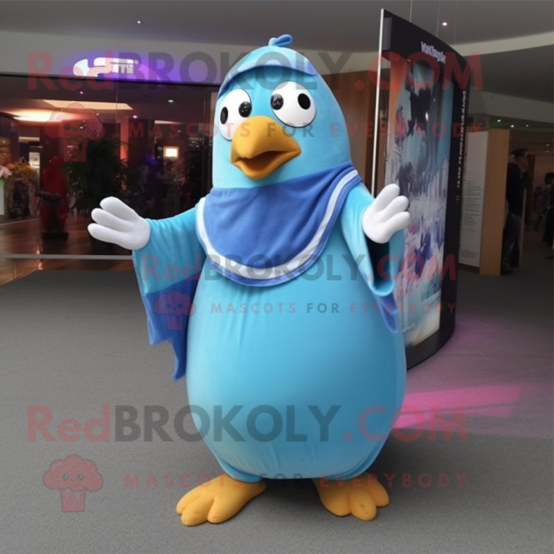 Sky Blue Penguin mascot costume character dressed with a Maxi Skirt and Shoe laces