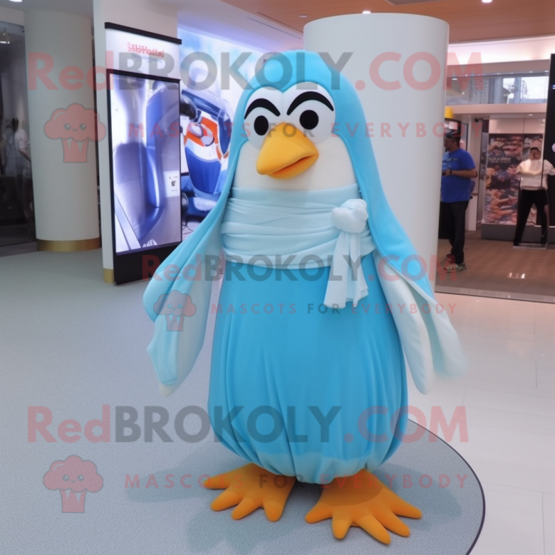 Sky Blue Penguin mascot costume character dressed with a Maxi Skirt and Shoe laces