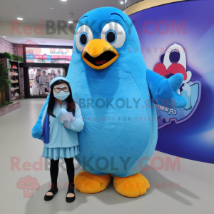 Sky Blue Penguin mascot costume character dressed with a Maxi Skirt and Shoe laces