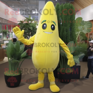Lemon Yellow Spinach mascot costume character dressed with a Bootcut Jeans and Mittens